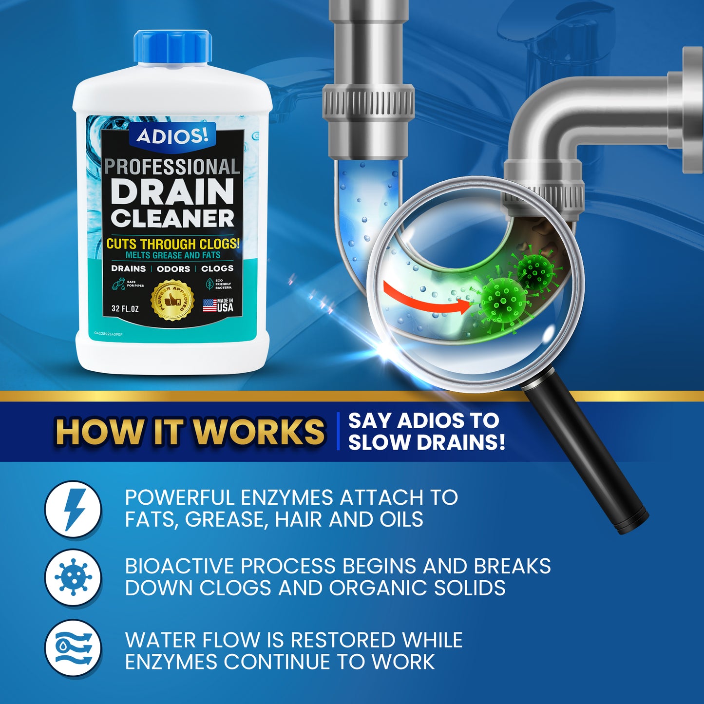 Adios! Septic Safe Enzyme Drain Cleaner 32oz Quart