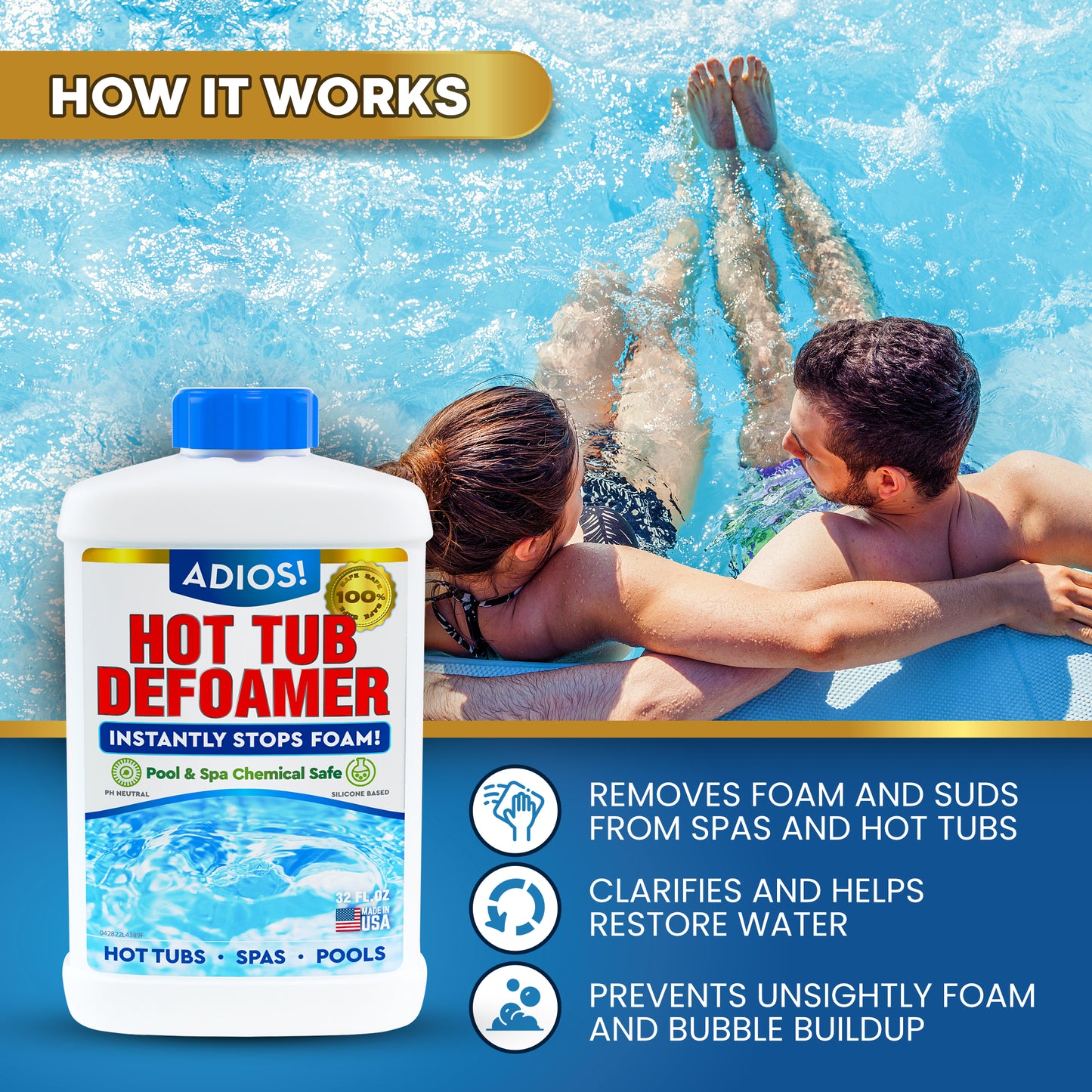 Adios! Hot Tub and Spa Defoamer 32oz Quart