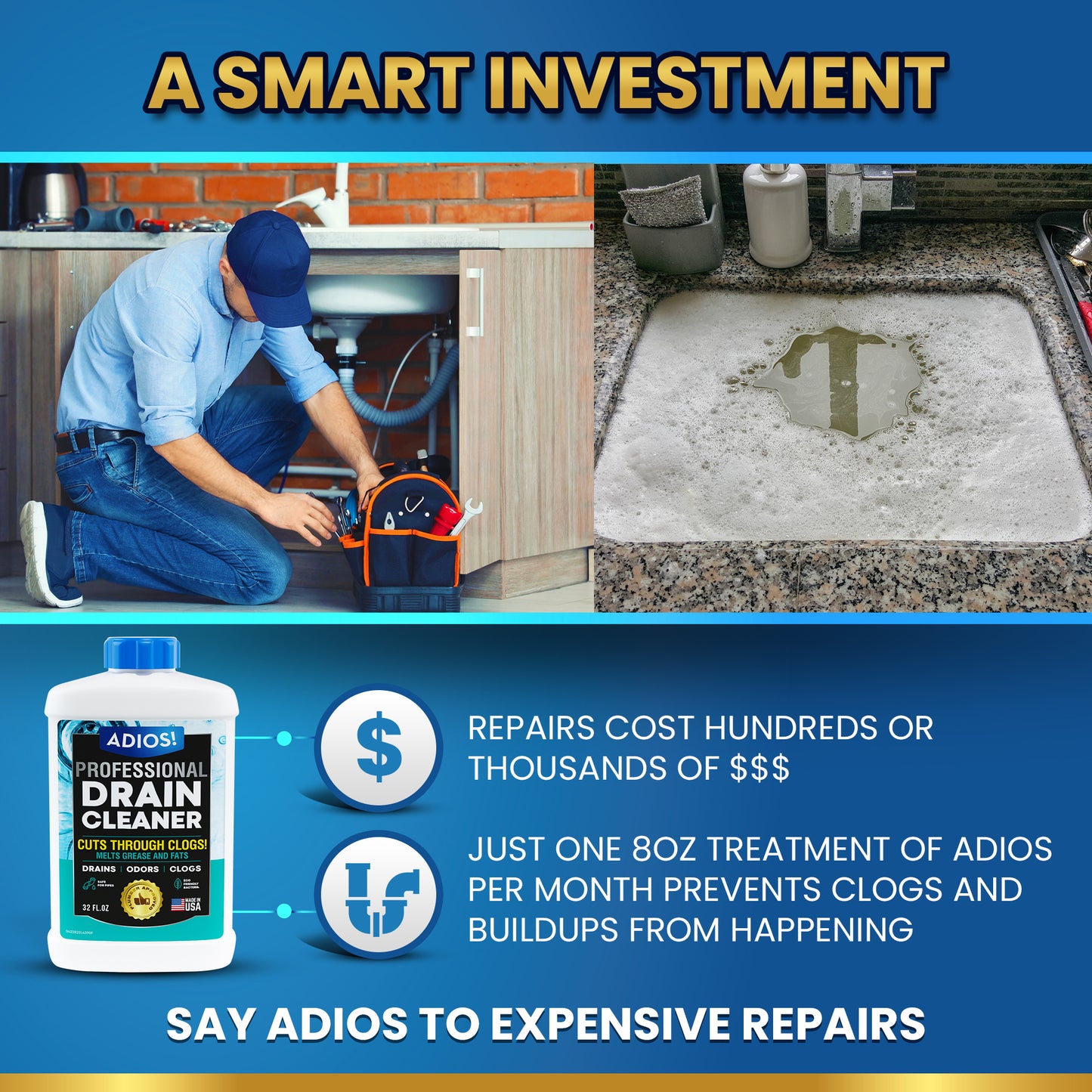 Adios! Septic Safe Enzyme Drain Cleaner 32oz Quart