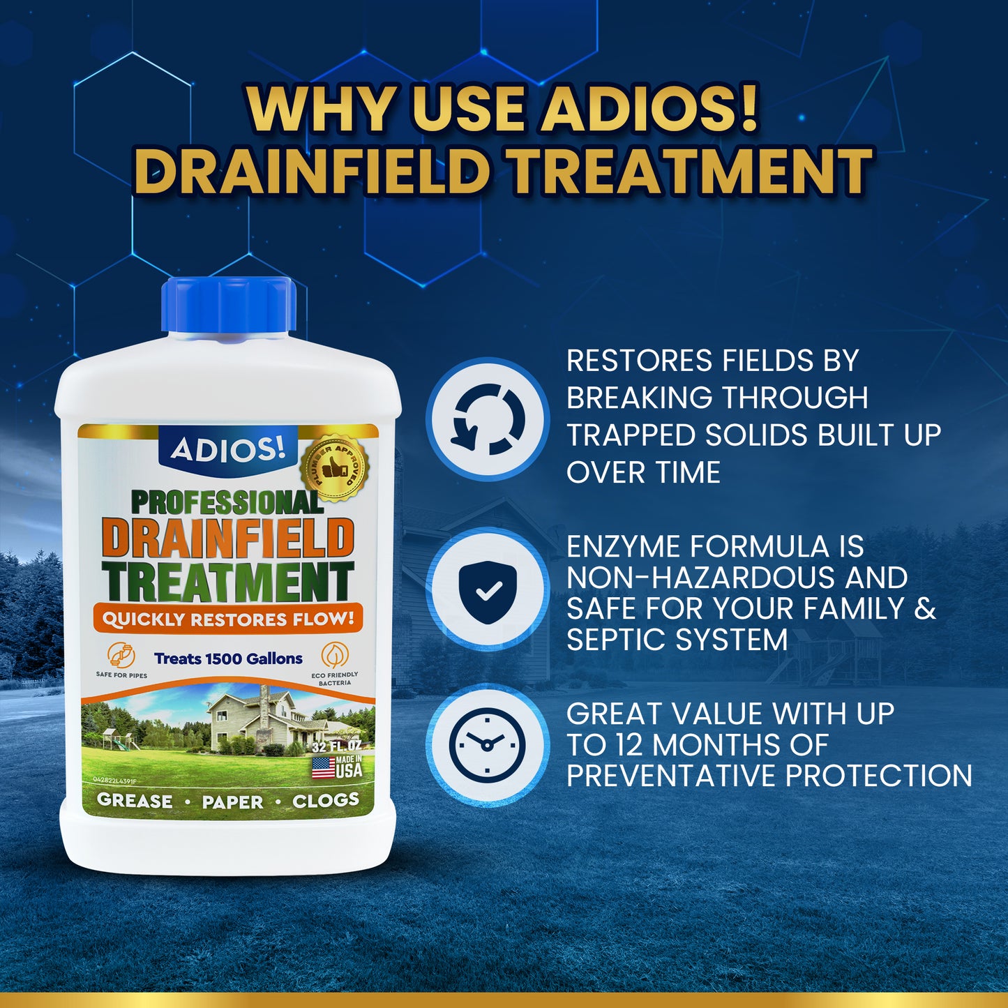 Adios! Natural Drain Field Treatment and Enzyme Cleaner 32oz Quart
