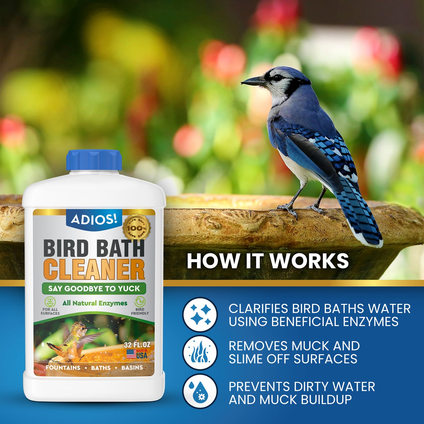 Adios! Bird Bath Cleaner for Outdoor Fountains and Bowls